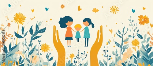 Graphic depicting a pair of hands holding a paper family with two children, symbolizing unity and protection in family relationships, with a soothing background