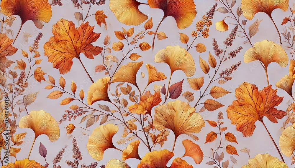 Autumn Foliage Seamless Pattern on Lavender Background