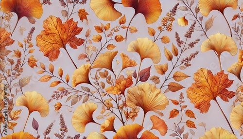 Autumn Foliage Seamless Pattern on Lavender Background