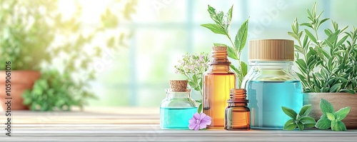 Natural healing space with essential oils and herbs arranged neatly, 3D illustration