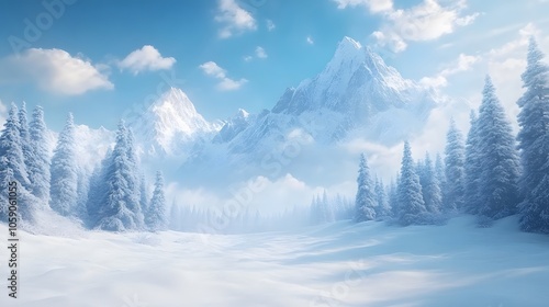 Panoramic winter mountain vista with snow-covered pines, pristine white snow, majestic peaks, crystal clear blue sky, frost-covered forest wonderland.