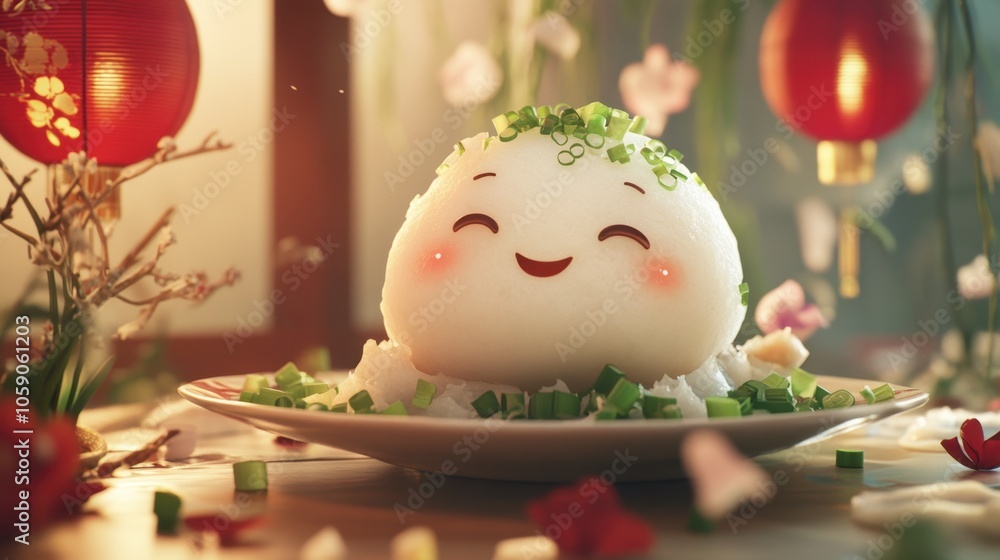 Cute animated dumpling with cheerful expression Cute animated dumpling with cheerful expression