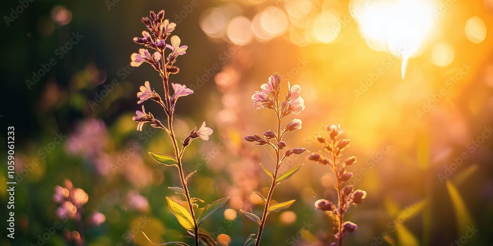 Obraz premium Wildflowers glisten with dew in the morning sun, bathed in a warm golden glow with a soft, blurred background.