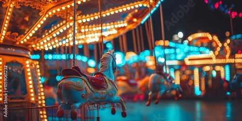 A lively carousel with beautifully detailed horses spins under the colorful lights of a fairground at night, enchanting viewers. photo