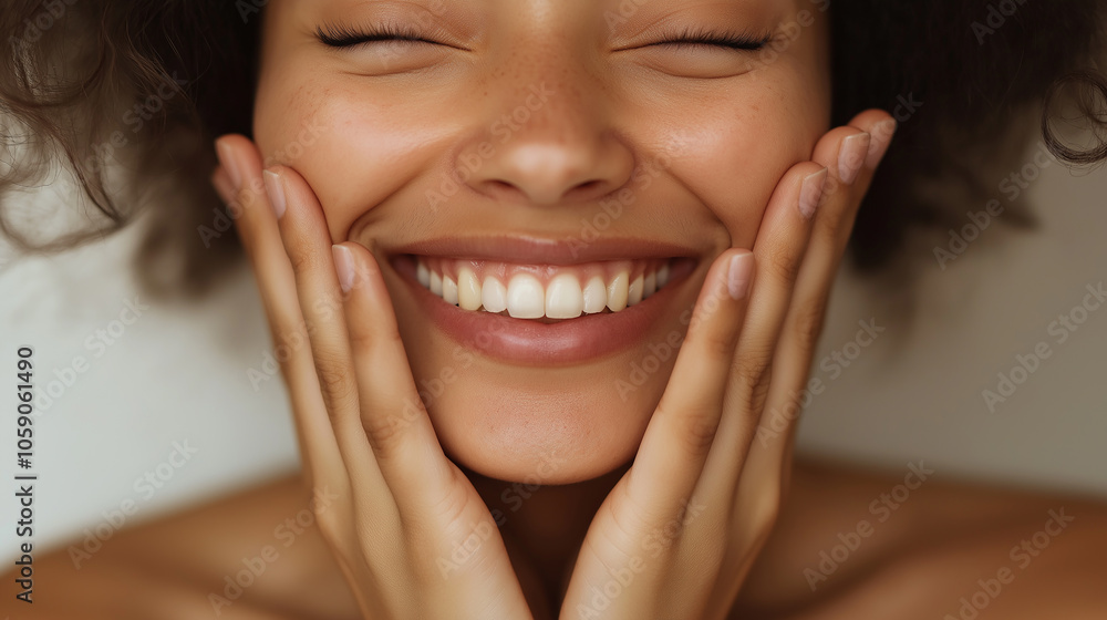 Hands gently covering a smiling mouth, giving a shy, playful feel with a minimal, neutral background Hands gently covering a smiling mouth, giving a shy, playful feel with a minimal, neutral background