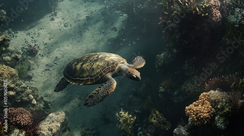 Majestic Sea Turtle Gliding Through Coral Reef photo