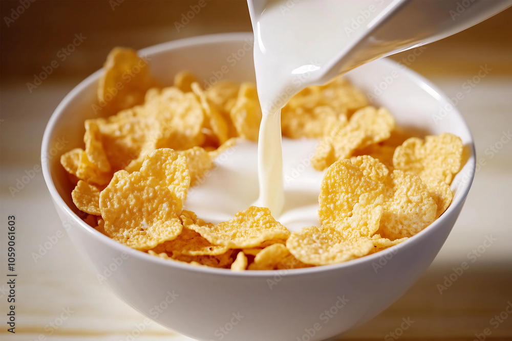 Cornflakes cereals golden brown and crispy. Milk is pouring over. Cornflakes cereals golden brown and crispy. Milk is pouring over.
