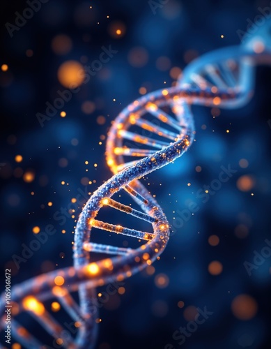 3D DNA Helix with Glowing Particles on Blue Background