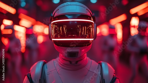 A futuristic astronaut in a white suit stands in a neon-lit hallway, surrounded by other astronauts,  representing the future of space exploration.