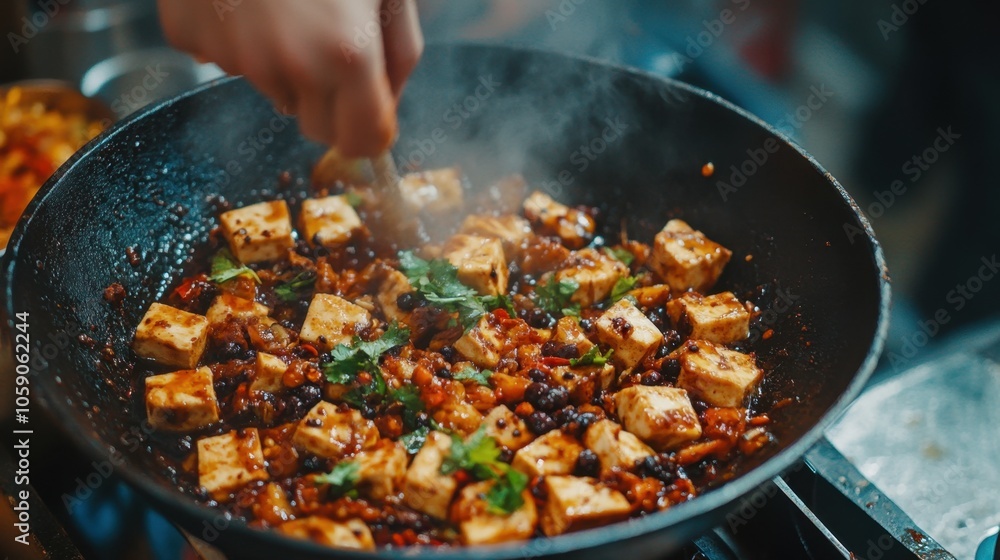 Spicy tofu stir-fry in a hot wok with fresh cilantro and flavorful vegetables Cook Something Bold and Pungent Day Spicy tofu stir-fry in a hot wok with fresh cilantro and flavorful vegetables Cook Something Bold and Pungent Day
