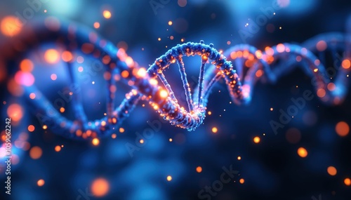 3D DNA Helix with Glowing Particles on Blue Background