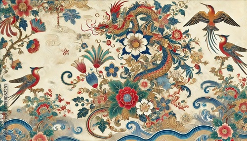 Japanese Yuzen-style dragon, birds and floral pattern, traditional textile background