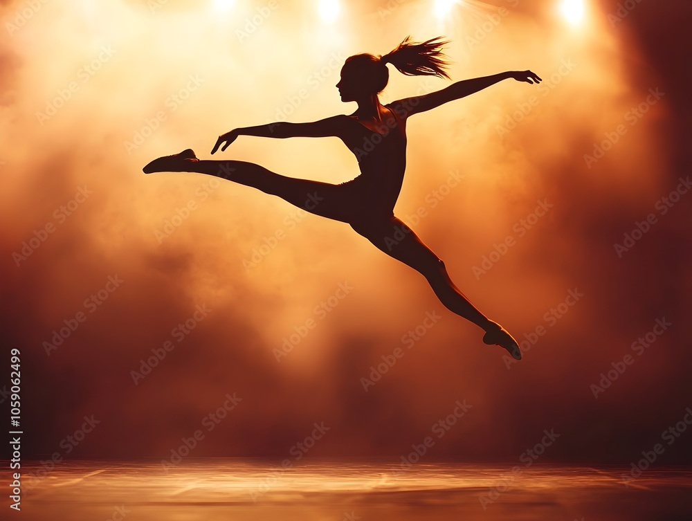 Captivating Dancer Silhouette Leaping Gracefully in Midair Against Soft Stage Lights Captivating Dancer Silhouette Leaping Gracefully in Midair Against Soft Stage Lights