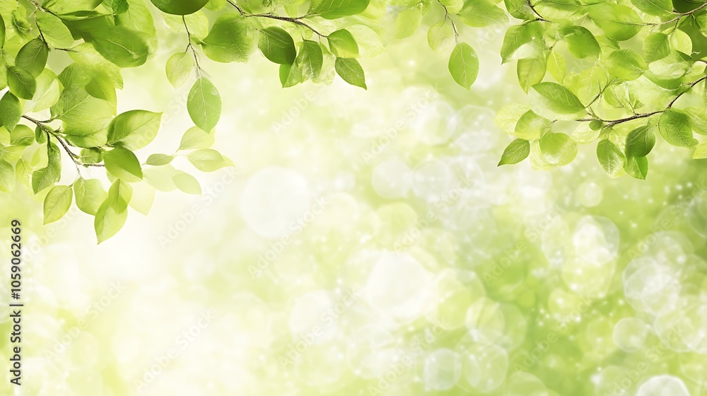 Naklejka premium Green Leaves and Bokeh Background Minimalist White Background with Space for Text