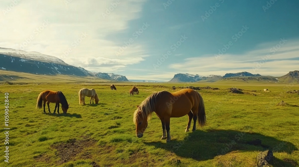Majestic Horses Grazing in Scenic Landscape Majestic Horses Grazing in Scenic Landscape
