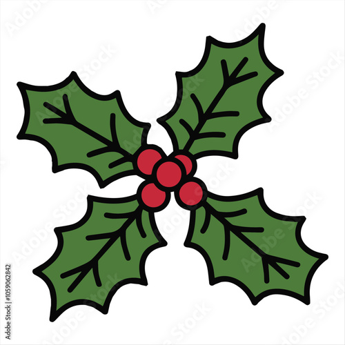 Merry christmas and happy new year element vector. Collection drawing of holly plant, christmas tree, glove, sock, gift, christmas bauble ball. Design