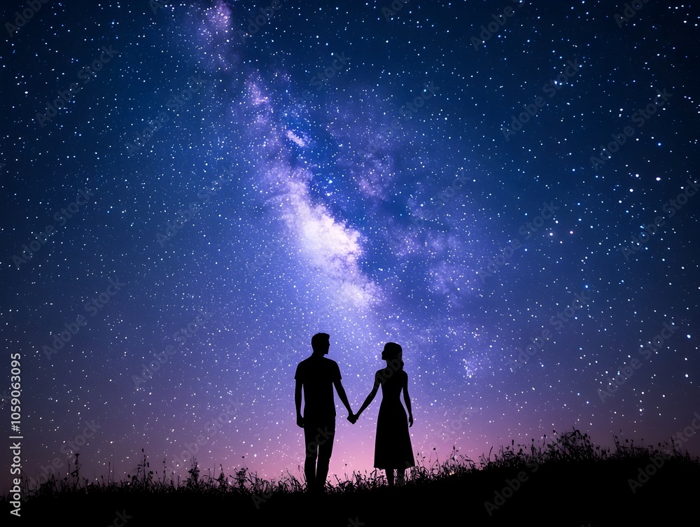 Silhouetted Couple Holding Hands Under Starry Milky Way Sky Symbol of Love and Connection Silhouetted Couple Holding Hands Under Starry Milky Way Sky Symbol of Love and Connection