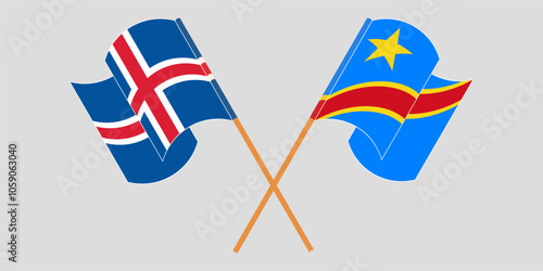 Crossed and waving flags of Iceland and Democratic Republic of the Congo. Vector illustration