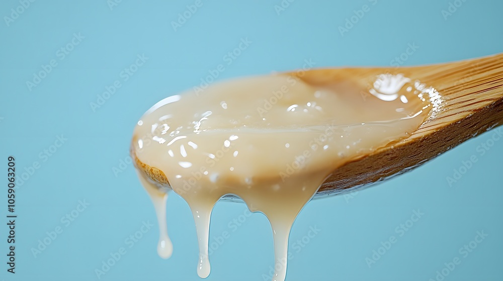White glue dripping from wooden spoon, viscous liquid texture photography, transparent sticky substance against pastel blue background, fluid motion capture. White glue dripping from wooden spoon, viscous liquid texture photography, transparent sticky substance against pastel blue background, fluid motion capture.