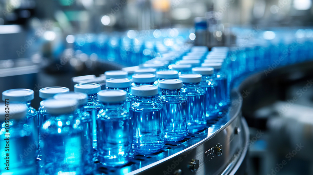 Medicine production line with many blue glass bottles. Medicine production line with many blue glass bottles.