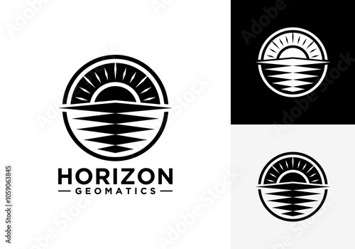 Black sun logo illustration on white background. Sun reflection in water or waves. Glitch. Sunset and sunrise.