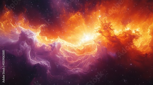 Abstract cosmic background with swirling clouds of gas and dust in shades of orange, purple, and white.