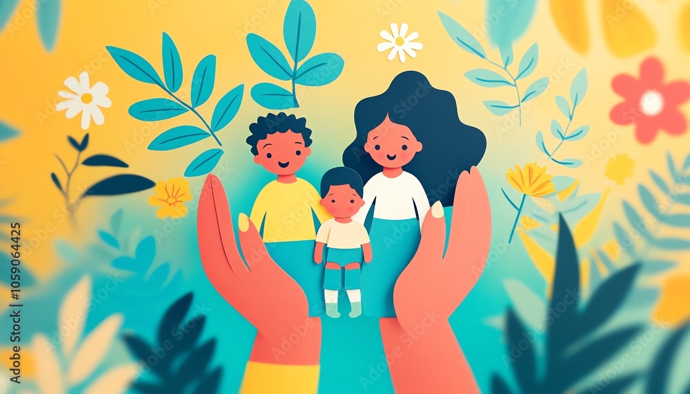 Illustration of loving hands cradling a paper family of four, highlighting health insurance and support in parenthood, on an eyecatching banner backdrop