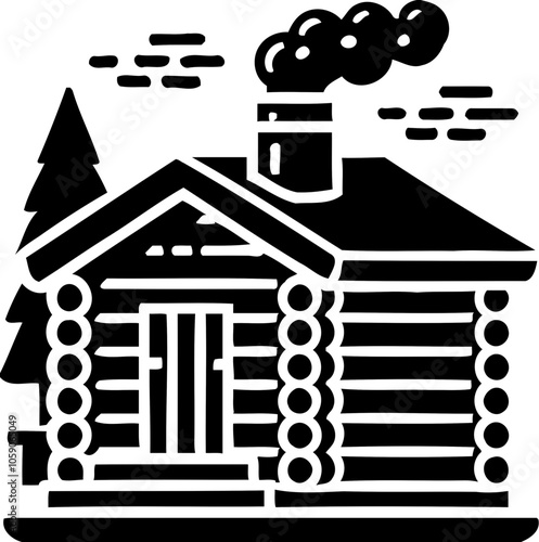 Silhouette of cozy log cabin with chimney smoke, cabin in the woods icon, rustic home illustration
