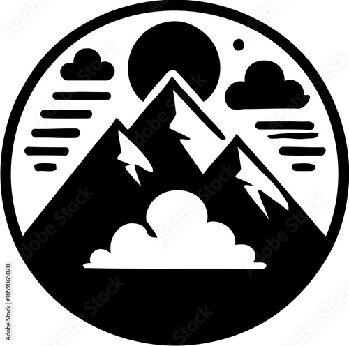 Silhouette of mountain scene with sun and clouds, nature and landscape icon, outdoor adventure illustration
