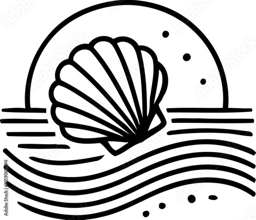 Silhouette of seashell with ocean waves and sun, beach and sea life icon, coastal illustration
 photo