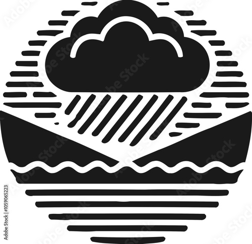 Silhouette of rainy landscape with cloud, nature and weather icon, rainstorm illustration
