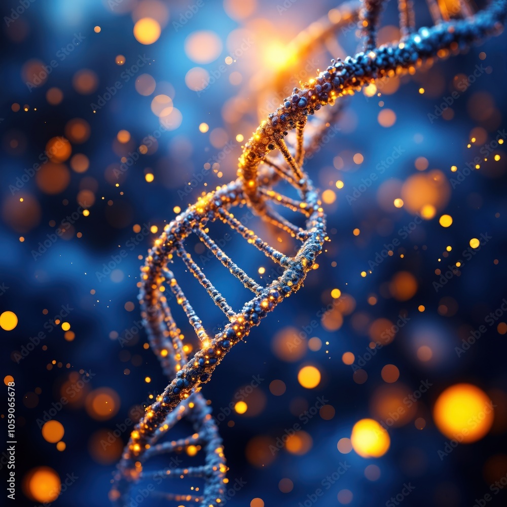 3D DNA Helix with Glowing Particles on Blue Background 3D DNA Helix with Glowing Particles on Blue Background