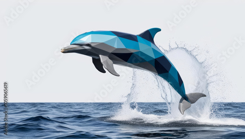 Polygonal dolphin leaping out of water, creating dynamic splash effect photo