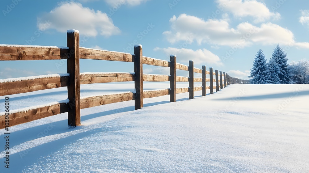 Winter landscape featuring wooden fence in pristine snow field, deep blue sky, white clouds, long shadow patterns, rural winter scene, panoramic vista. Winter landscape featuring wooden fence in pristine snow field, deep blue sky, white clouds, long shadow patterns, rural winter scene, panoramic vista.