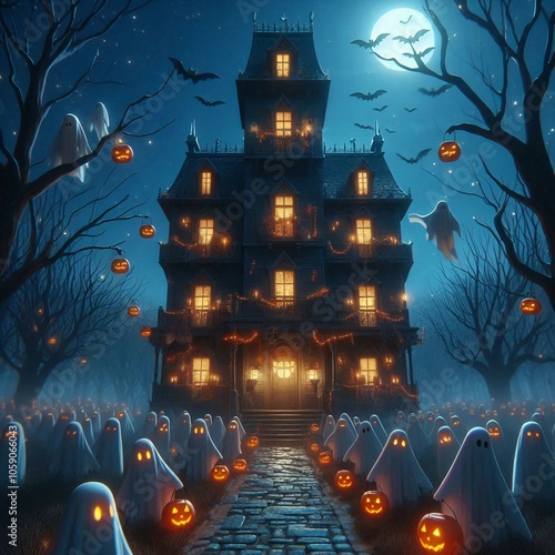  towering haunted house with flickering lights in the windows photo