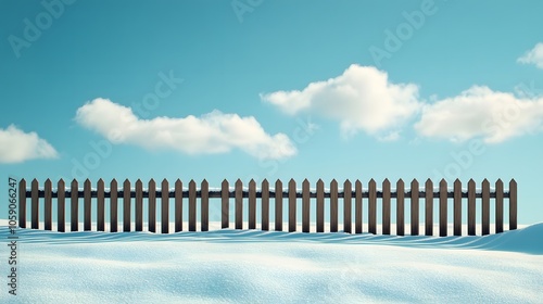 Winter landscape featuring wooden fence in pristine snow field, deep blue sky, white clouds, long shadow patterns, rural winter scene, panoramic vista. photo