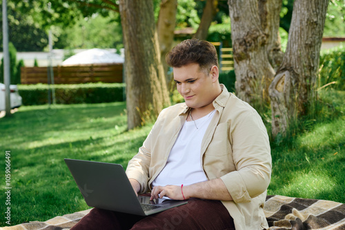 In a lush park, a queer individual focused on their laptop, soaking up the warm sunlight.