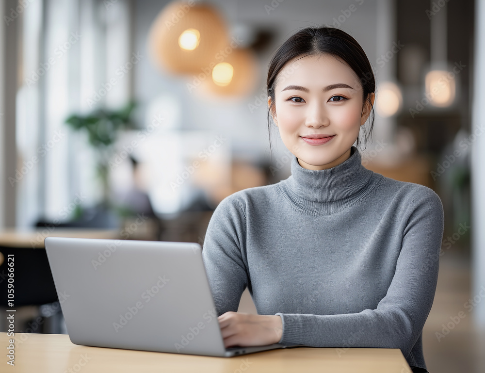 Confident young woman with a dark long haircut and a warm smile working on a laptop in a modern office. Confident young woman with a dark long haircut and a warm smile working on a laptop in a modern office.