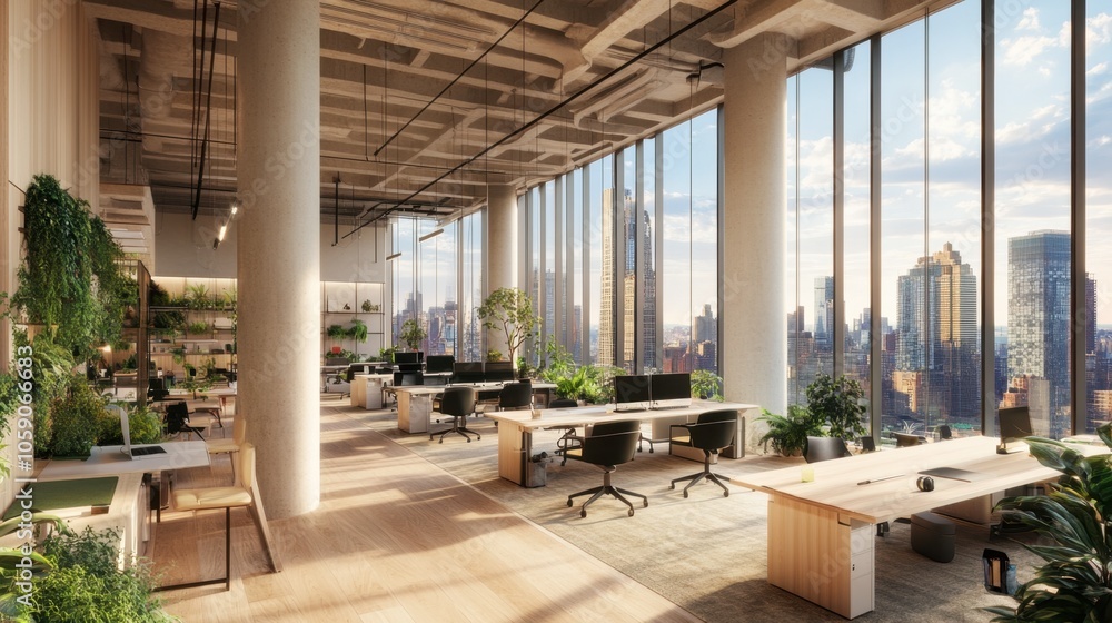 Modern Office Space with City View and Greenery Modern Office Space with City View and Greenery