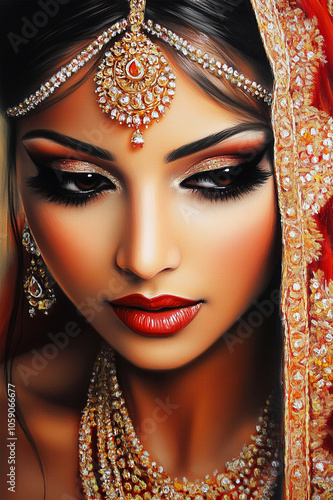 Beautiful portrait of a Indian bride. Pakistani Indian bride dressed in red traditional wedding clothes sari embroidered with gold jewelry. Lahore, Pakistan Tradition woman portrait photo