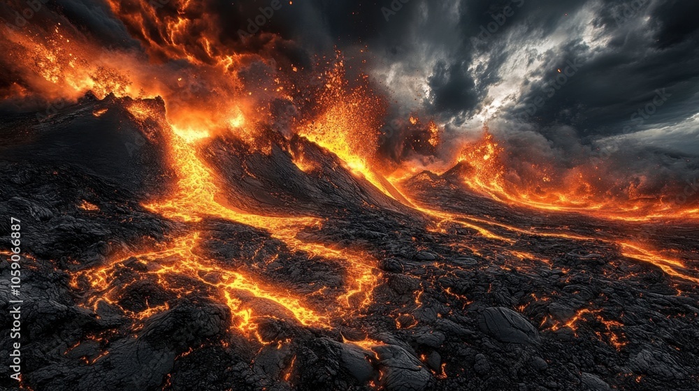 Fiery Eruption of Volcanic Lava at Twilight Fiery Eruption of Volcanic Lava at Twilight