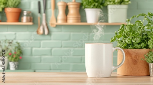 Wallpaper Mural Close-up of a handmade ceramic mug with steam rising, placed on a kitchen countertop filled with fresh herbs and vintage utensils, Photorealistic Torontodigital.ca