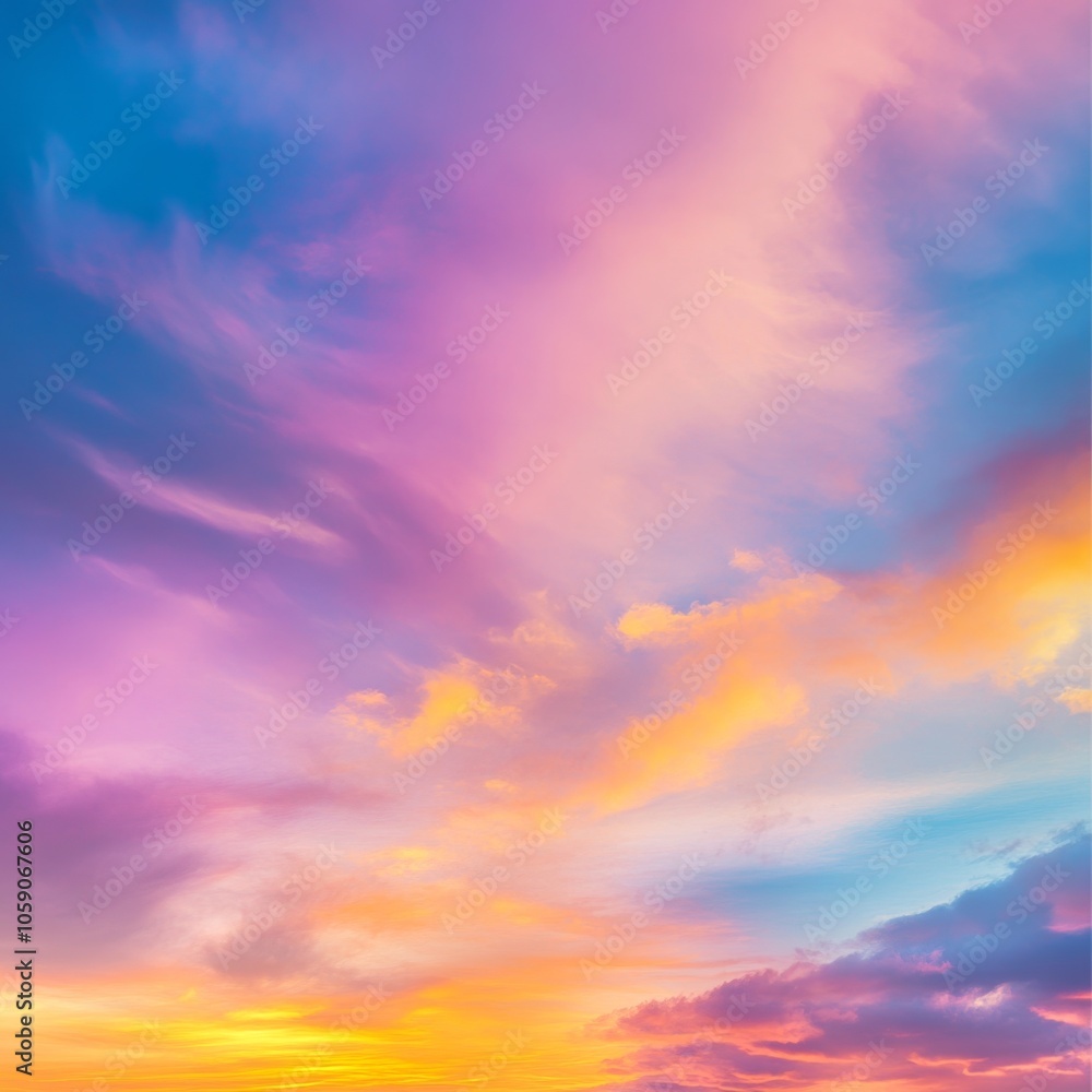 A vibrant and colorful sunset sky with clouds in shades of blue, pink, orange and yellow. A vibrant and colorful sunset sky with clouds in shades of blue, pink, orange and yellow.