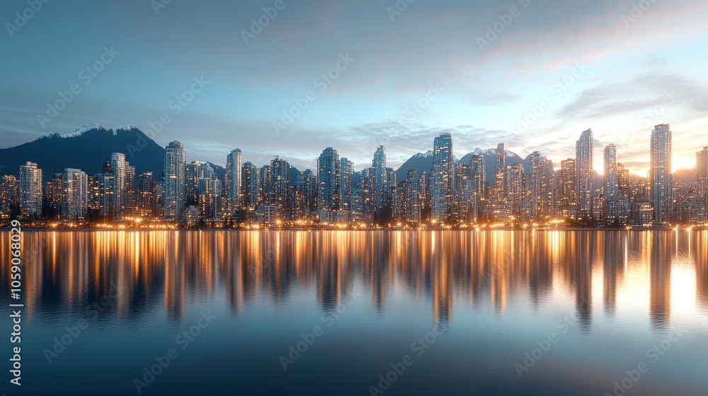 Obraz premium Wide shot of a stunning skyline during the blue hour, with city lights beginning to glow against the twilight sky, Photorealistic