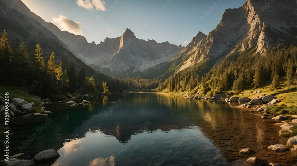 Fototapeta premium Mountains Ablaze: Golden Light and Alpine Reflections