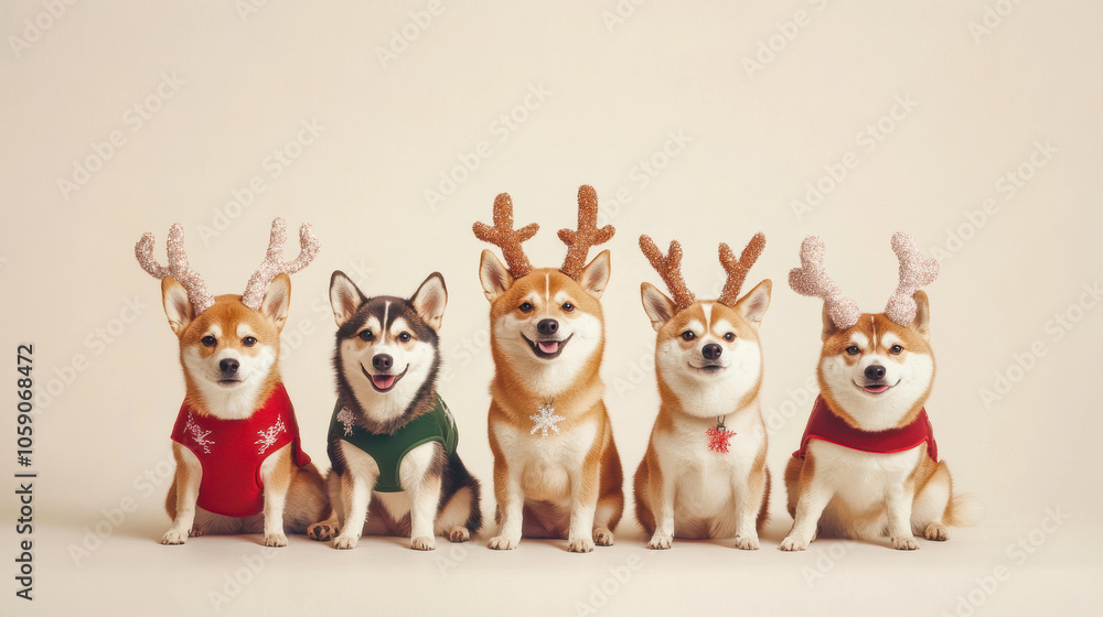 Cute dogs in festive sweaters with reindeer antlers, sitting together, posing for Christmas, winter holiday, cheerful atmosphere concept Cute dogs in festive sweaters with reindeer antlers, sitting together, posing for Christmas, winter holiday, cheerful atmosphere concept