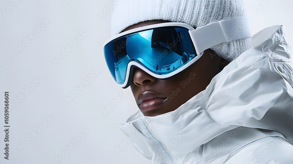 Winter sports portrait showing person in white ski jacket, beanie, reflective blue goggles against white background, modern ski equipment lifestyle shot.