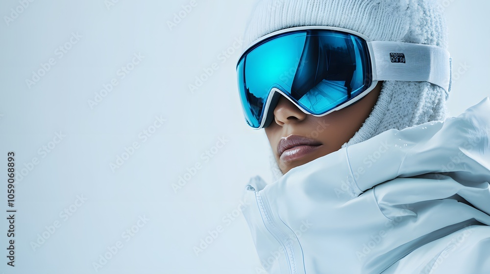 Winter sports portrait showing person in white ski jacket, beanie, reflective blue goggles against white background, modern ski equipment lifestyle shot. Winter sports portrait showing person in white ski jacket, beanie, reflective blue goggles against white background, modern ski equipment lifestyle shot.