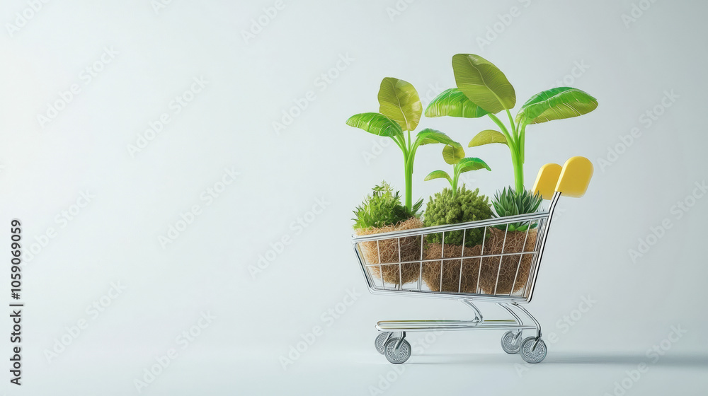 A shopping cart filled with vibrant green plants symbolizes eco-friendliness and sustainable living. A shopping cart filled with vibrant green plants symbolizes eco-friendliness and sustainable living.