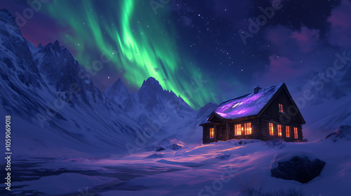 A rustic wooden house in a snowy mountain landscape, under a breathtaking display of northern lights swirling in shades of green, blue, and violet